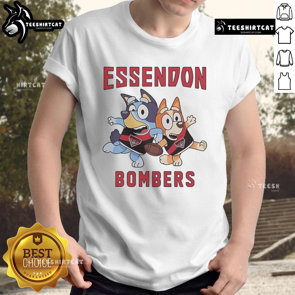 Alt Text: Cute Essendon Bombers Bluey Bandit Heeler and Chilli Heeler T-Shirt featuring playful cartoon designs.
