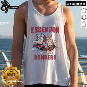 Alt Text: Cute Essendon Bombers tank top featuring Bluey Bandit Heeler and Chilli Heeler characters, perfect for fans.