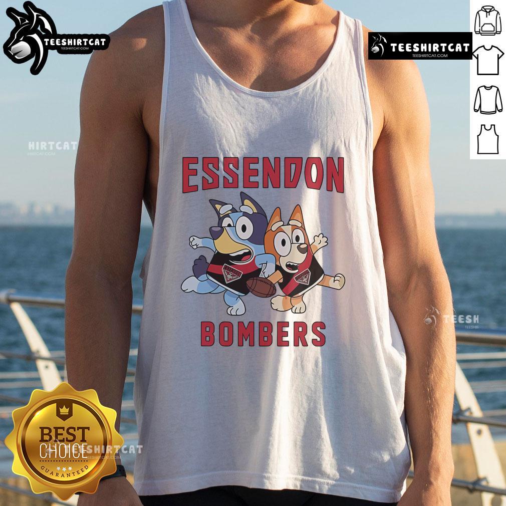 Alt Text: Cute Essendon Bombers tank top featuring Bluey Bandit Heeler and Chilli Heeler characters, perfect for fans.