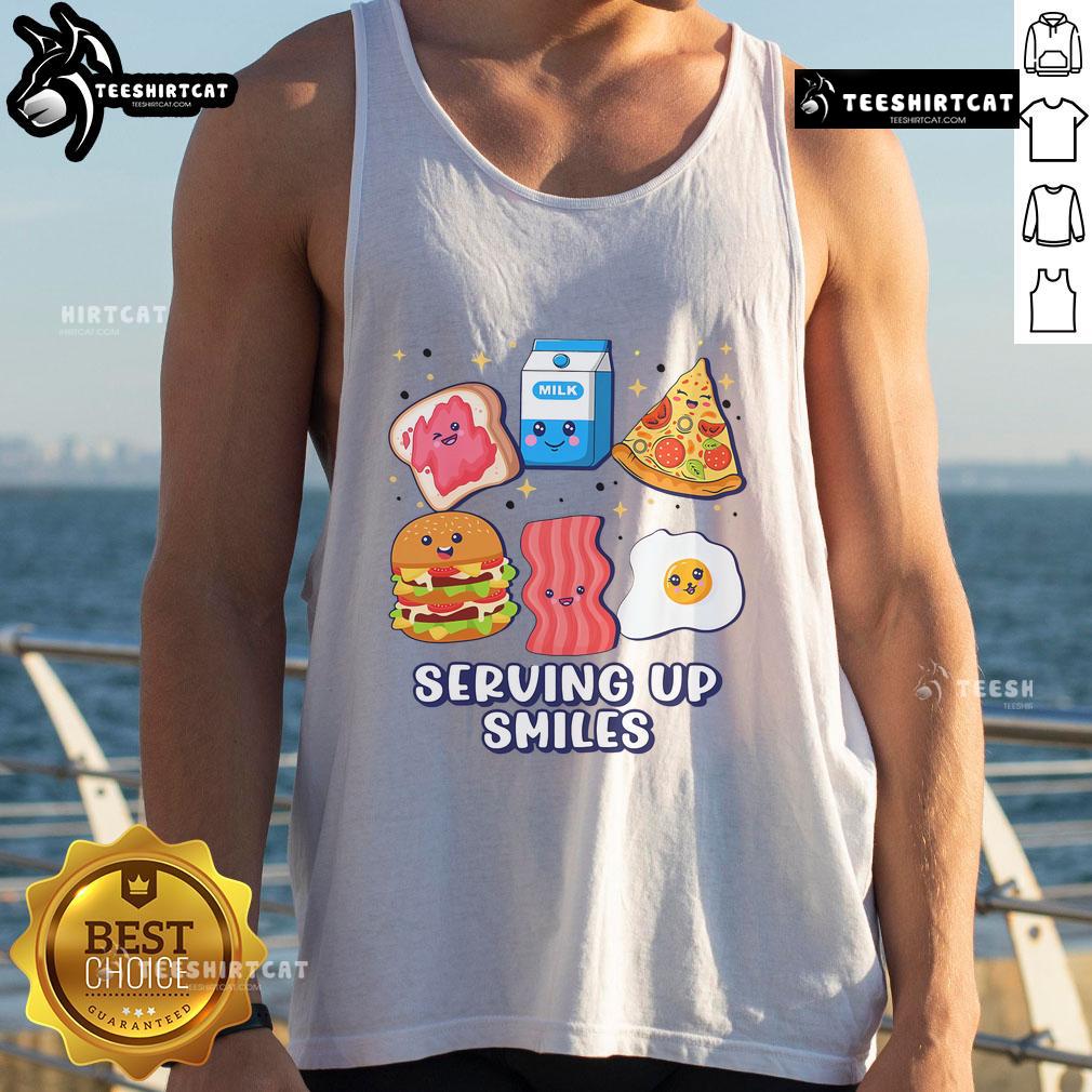 Alt Text: Cute Serving Up Smiles Lunch Tank Top featuring a cheerful design perfect for casual summer outings and fun gatherings.