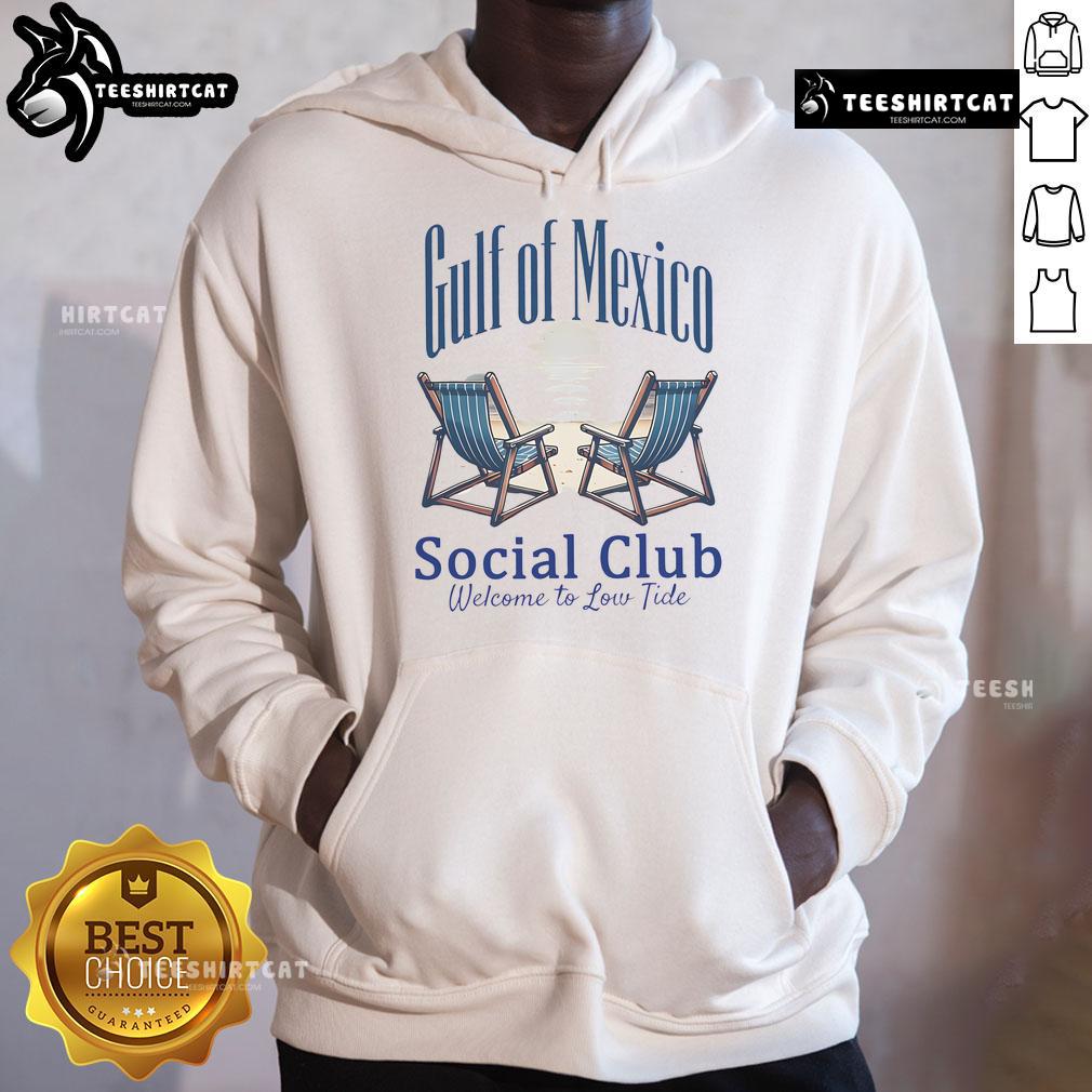 Alt Text: Funny Gulf of Mexico Social Club hoodie featuring 'Welcome to Low Tide' design, perfect for beach lovers.