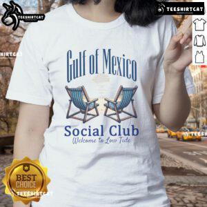 Alt Text: Funny Gulf Of Mexico Social Club 'Welcome to Low Tide' ladies tee featuring a playful design and vibrant colors.