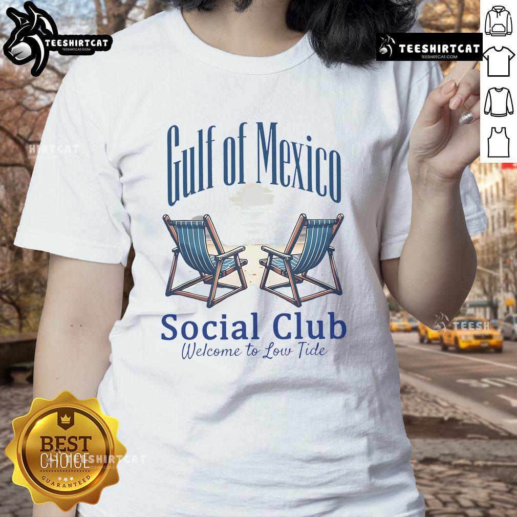 Alt Text: Funny Gulf Of Mexico Social Club 'Welcome to Low Tide' ladies tee featuring a playful design and vibrant colors.