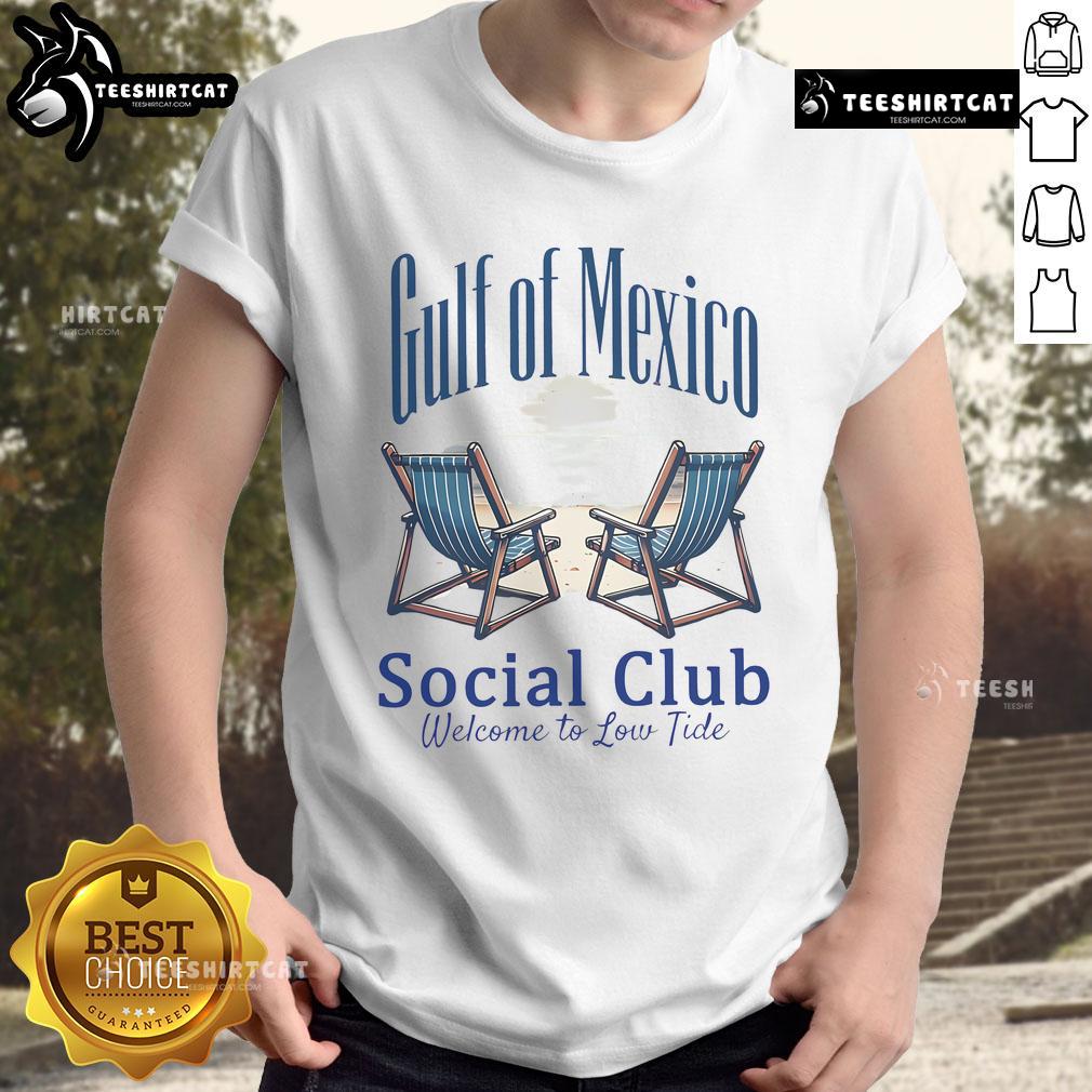 Funny Gulf of Mexico Social Club 'Welcome to Low Tide' T-shirt featuring a playful beach design and vibrant colors.