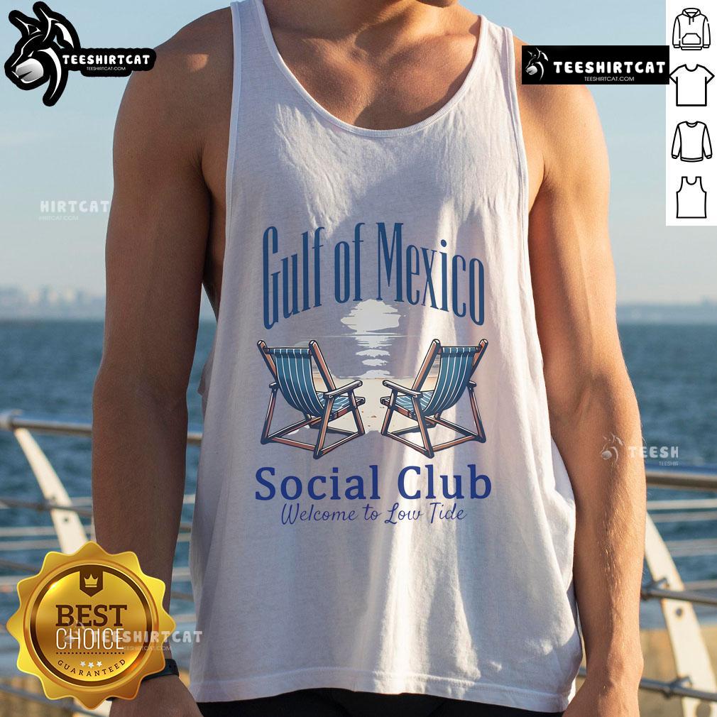 Funny Gulf Of Mexico Social Club tank top design featuring 'Welcome To Low Tide' graphic for beach lovers.