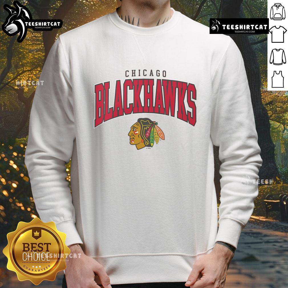 Classic arched logo sweatshirt featuring the Chicago Blackhawks design in bold colors, perfect for fans of the NHL team.