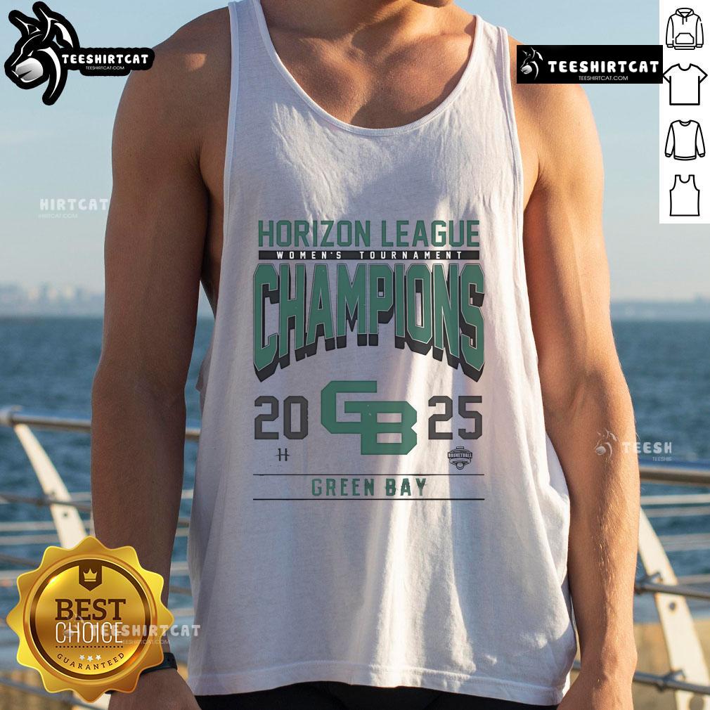 Alt Text: 2025 Women's Horizon League Champions Tank Top in green, celebrating Good Green Bay victory with stylish design.