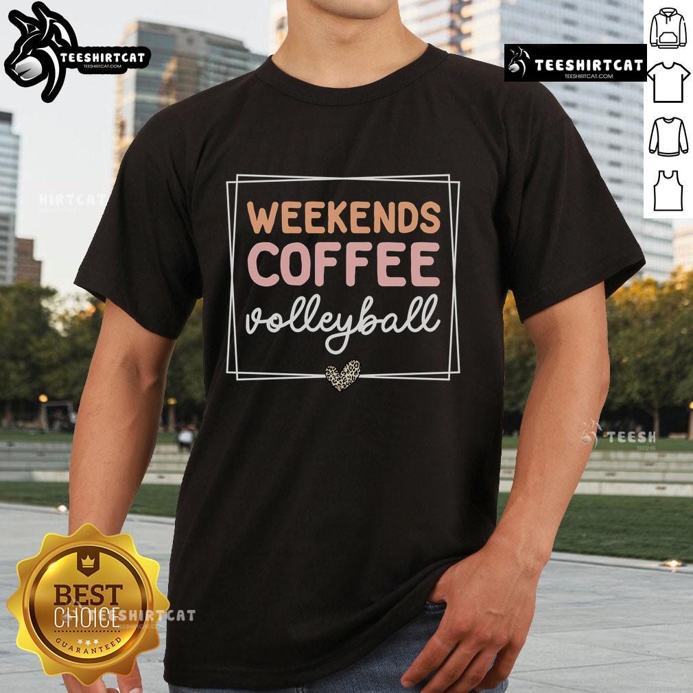 Happy Weekends Coffee Volleyball T-Shirt with cute retro mom life sayings, perfect for casual outings and sports lovers.