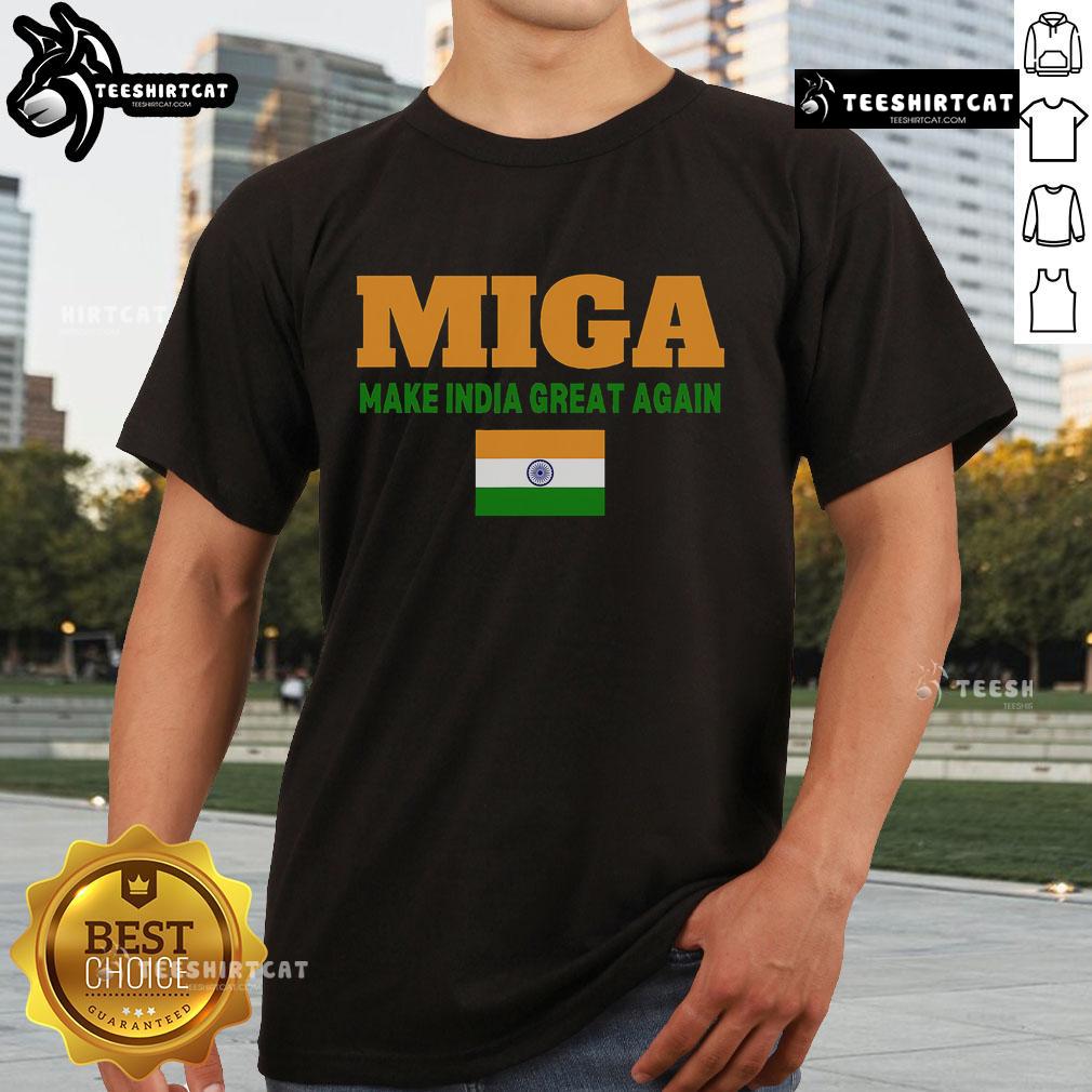 Hot Miga Make India Great Again T-Shirt featuring bold lettering and vibrant colors, perfect for casual wear and activism.