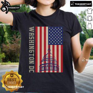 Alt Text: Stylish ladies' tee featuring the Hot Washington DC flag design, perfect for proud patriots and fashion enthusiasts.