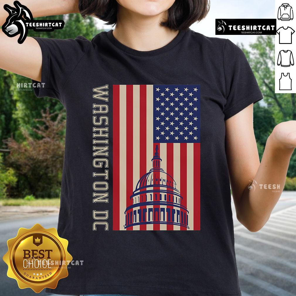 Alt Text: Stylish ladies' tee featuring the Hot Washington DC flag design, perfect for proud patriots and fashion enthusiasts.