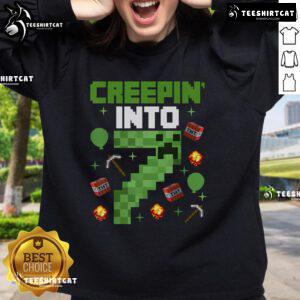 Alt Text: Cute gamer sweatshirt for a 7th birthday party featuring pixel art design and 'Creepin Into 7' theme.