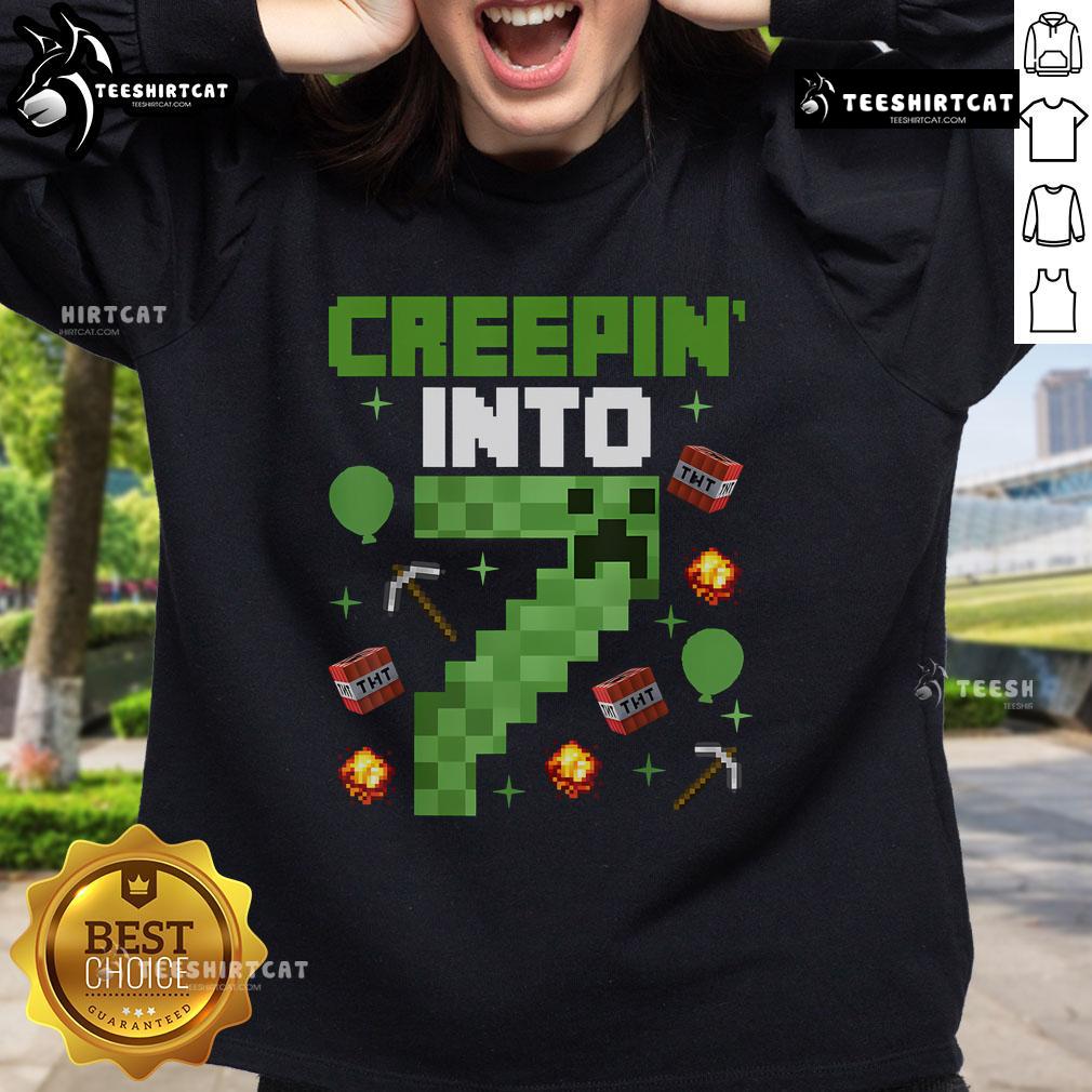 Alt Text: Cute gamer sweatshirt for a 7th birthday party featuring pixel art design and 'Creepin Into 7' theme.