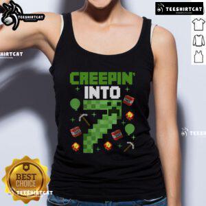 Colorful pixel art design on a tank top for a 7th birthday gamer themed party featuring Creepin character.