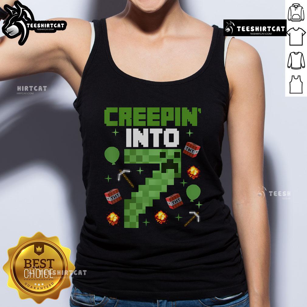 Colorful pixel art design on a tank top for a 7th birthday gamer themed party featuring Creepin character.
