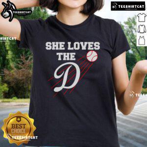 Nice baseball tee for ladies featuring 'She Loves The D' design, perfect for Los Angeles fans and casual wear.