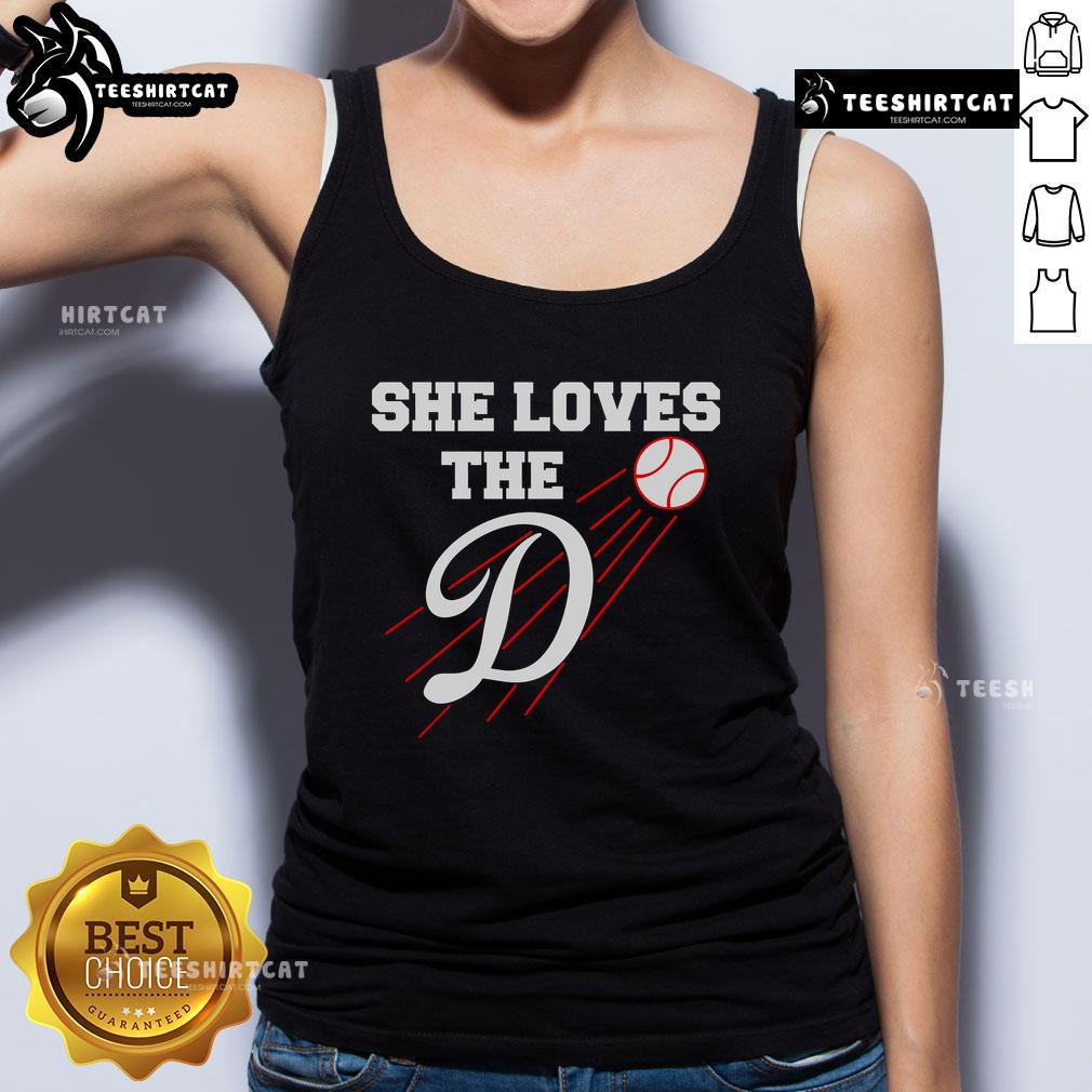 Woman wearing a Nice Baseball She Loves The D Los Angeles tank top, showcasing a stylish and casual look.