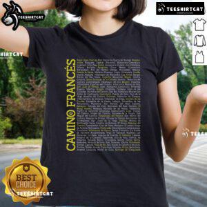 Camino de Santiago Frances Pilgrim Way of Saint James stages graphic on a ladies tee, showcasing vibrant pilgrimage design.