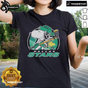 Nice Charlie Brown and Woodstock graphic on Dallas Stars Peanuts x NHL ladies tee, perfect for fans and collectors.