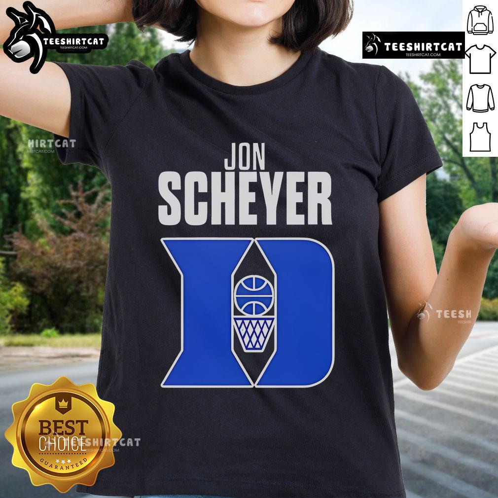 Jon Scheyer, Duke Blue Devils Basketball Coach of the Year, featured on a stylish ladies tee celebrating his achievements.