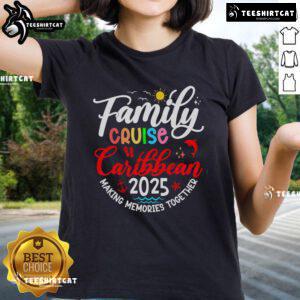 Happy family enjoying a Caribbean cruise in 2025, making memories together in matching ladies' tees.