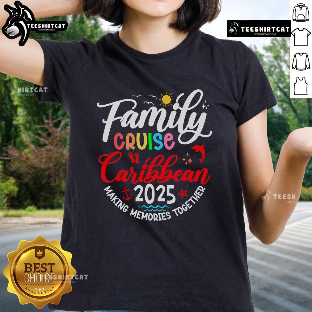 Happy family enjoying a Caribbean cruise in 2025, making memories together in matching ladies' tees.