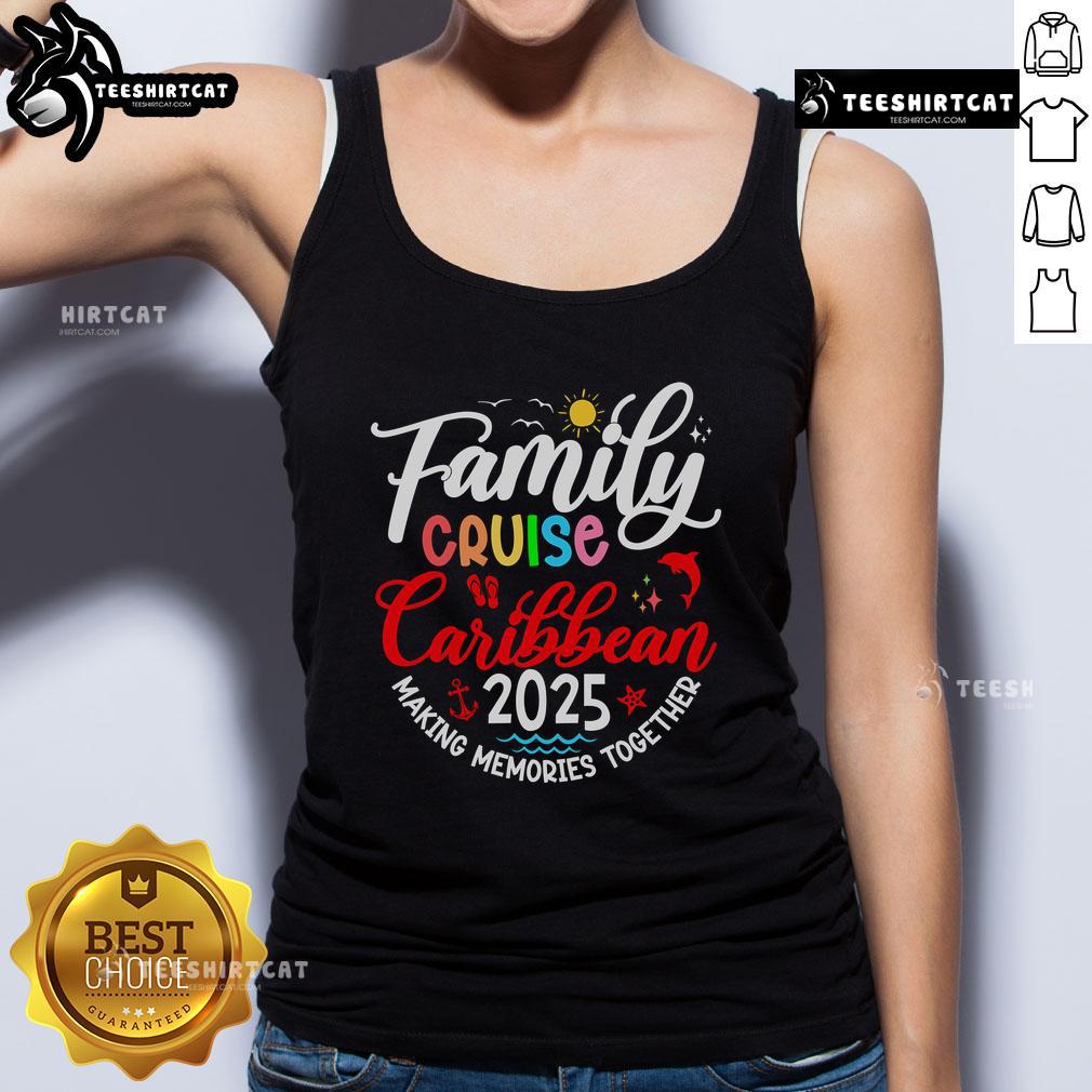 Happy family on a Caribbean cruise wearing matching tank tops, making memories together in 2025.