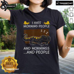 Nice I Hate Morning People Salamander sleeping on a ladies tee, showcasing a fun reptile design perfect for casual wear.