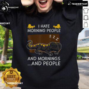 Alt Text: Cozy 'I Hate Morning People' sweatshirt featuring a sleeping salamander, perfect for reptile lovers and comfort seekers.
