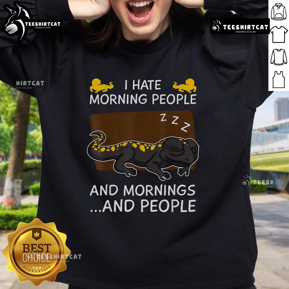 Alt Text: Cozy 'I Hate Morning People' sweatshirt featuring a sleeping salamander, perfect for reptile lovers and comfort seekers.