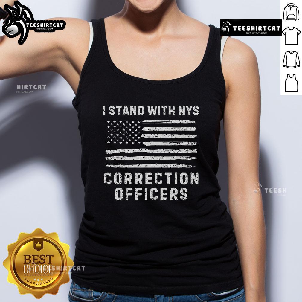 Woman wearing 'Nice I Stand With NYS Correction Officers' tank top, showing support for correctional staff.