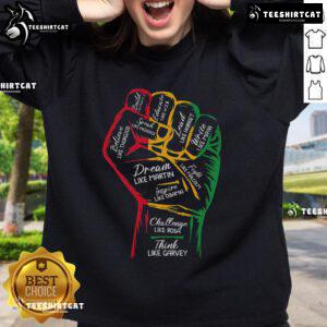 Black History Month sweatshirt featuring inspiring black leaders and a power fist design, celebrating unity and empowerment.