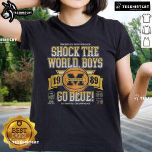 1989 NCAA Basketball Michigan Wolverines 'Shock The World' Boys Go Blue ladies tee featuring vibrant team colors and logo.