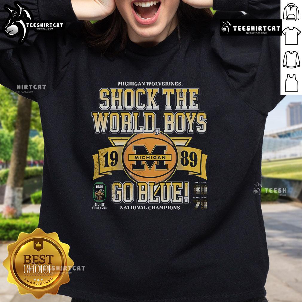 Alt Text: Vintage 'Nice Michigan Wolverines NCAA Basketball Shock The World Boys Go Blue 1989 Sweatshirt' in blue and yellow.