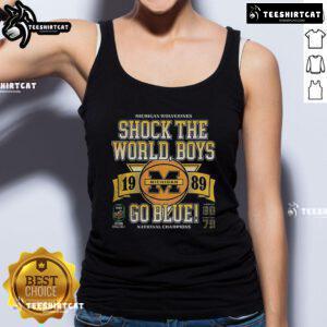 1989 Michigan Wolverines NCAA Basketball Shock the World tank top for boys, featuring 'Go Blue' design in vibrant colors.