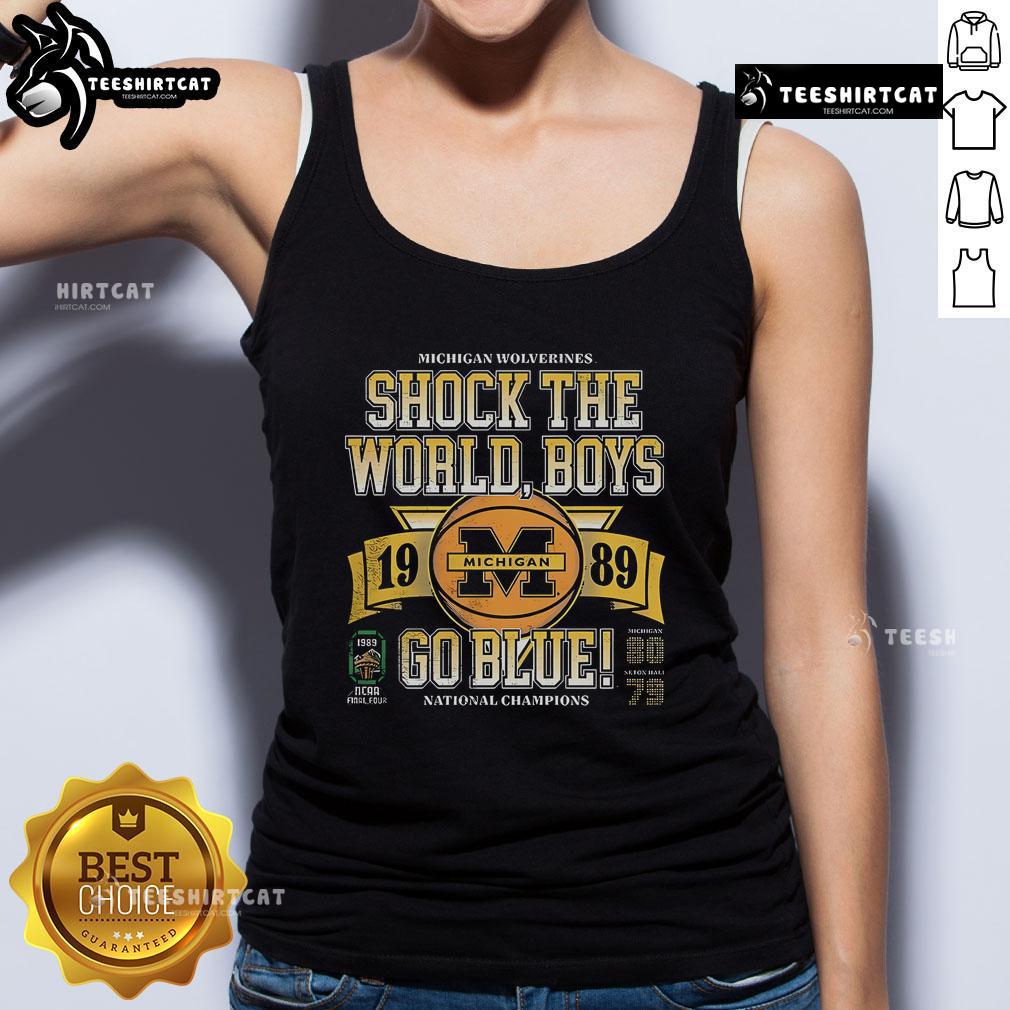 1989 Michigan Wolverines NCAA Basketball Shock the World tank top for boys, featuring 'Go Blue' design in vibrant colors.