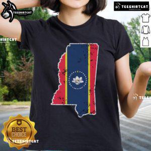 Weathered design of the Nice Mississippi new state flag on a Southern ladies tee, perfect for proud Mississippians.