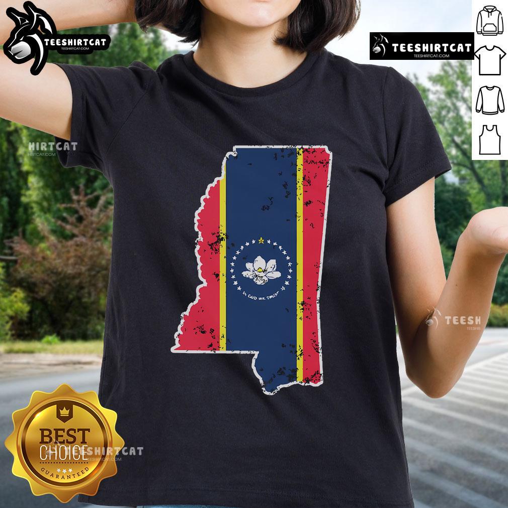 Weathered design of the Nice Mississippi new state flag on a Southern ladies tee, perfect for proud Mississippians.