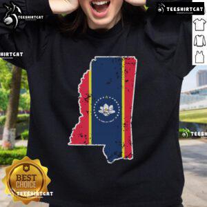 Alt Text: Weathered design sweatshirt featuring the new Mississippi state flag, perfect for proud Southerners.