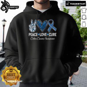 Nice Peace Love Cure Colorectal Cancer Awareness Support Hoodie showcasing vibrant design for cancer awareness.