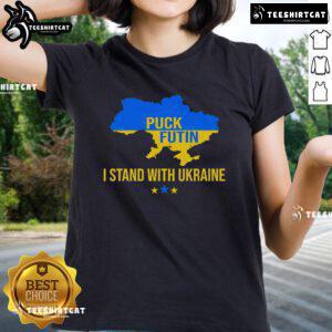 Support Ukraine with this Nice Puck Futin I Stand With Ukraine ladies tee featuring a vibrant flag design.