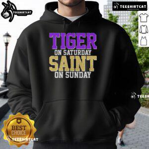 Nice tiger design on a Saturday Saint Sunday Louisiana football hoodie, perfect for game day style and team spirit.