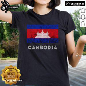 Official Cambodia Royal Palace with Cambodian flag on a ladies tee highlighting Kampuchean roots and culture.