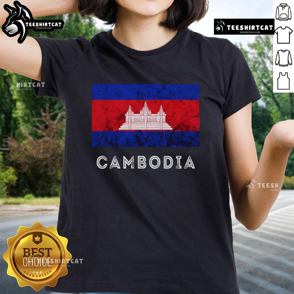 Official Cambodia Royal Palace with Cambodian flag on a ladies tee highlighting Kampuchean roots and culture.