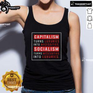 Stylish tank top featuring the quote on capitalism and socialism: 'Capitalism Turns Luxuries Into Necessities'.