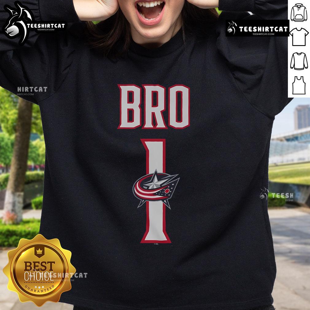 Official Columbus Blue Jackets Number 1 Bro Sweatshirt in navy blue, featuring team logo and bold graphics, perfect for fans.