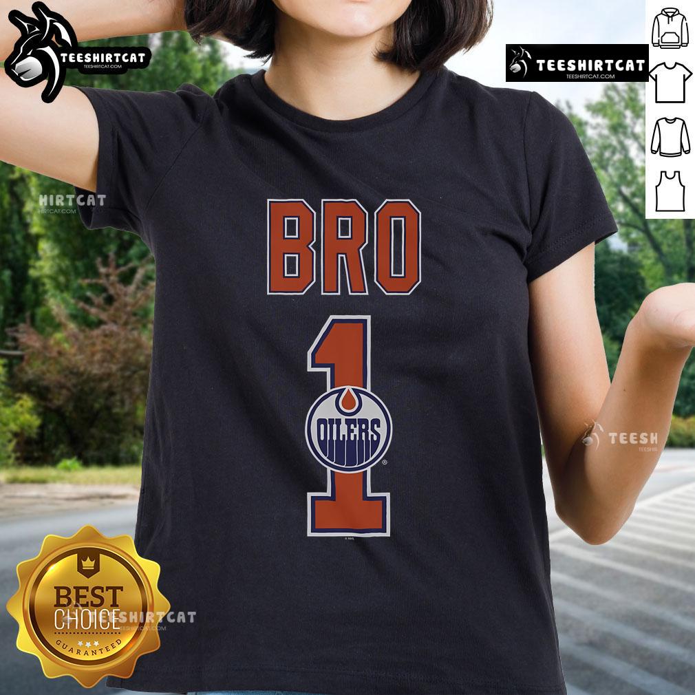 Official Edmonton Oilers Number 1 Bro Ladies Tee featuring team colors and logo, perfect for female hockey fans.