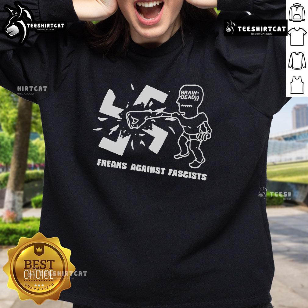 Official Freaks Against Fascists sweatshirt featuring anti-colonial, anti-imperialist, and anti-technology designs.