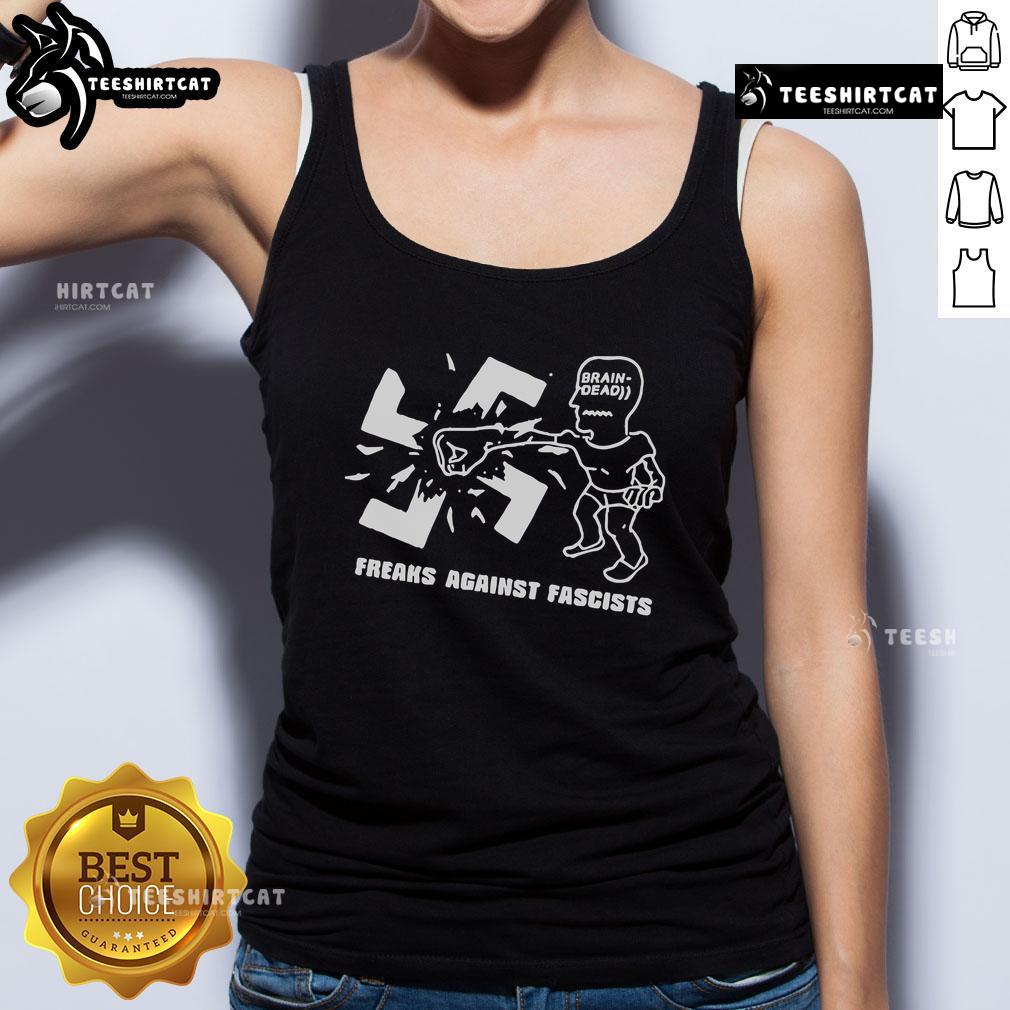Official Freaks Against Fascists tank top featuring anti-colonial, anti-imperialist, and anti-technology graphics.