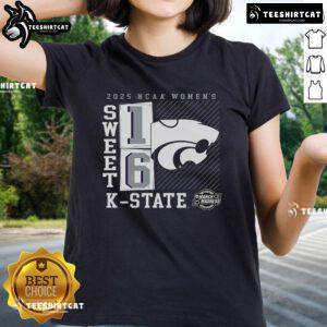 Alt Text: Official Kansas State Wildcats 2025 NCAA Women's Basketball Tournament March Madness Sweet 16 No-Look Pass Ladies Tee.